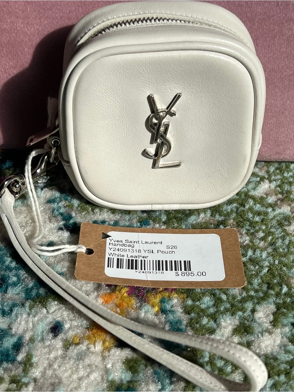 Yves Saint Laurent White Leather Square Logo Coin Pouch